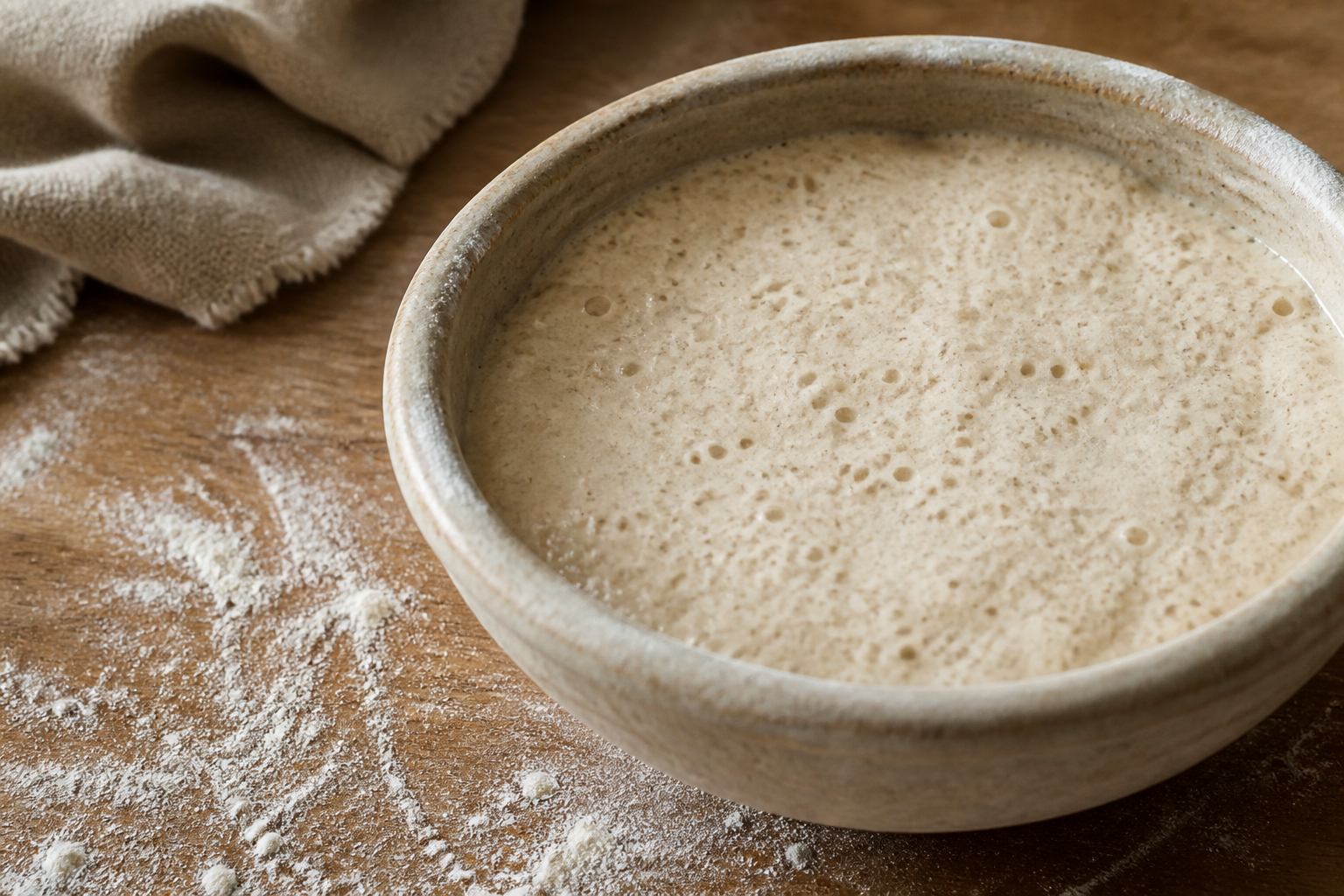 Sauerteig mit feinen Blasen in Keramikschale