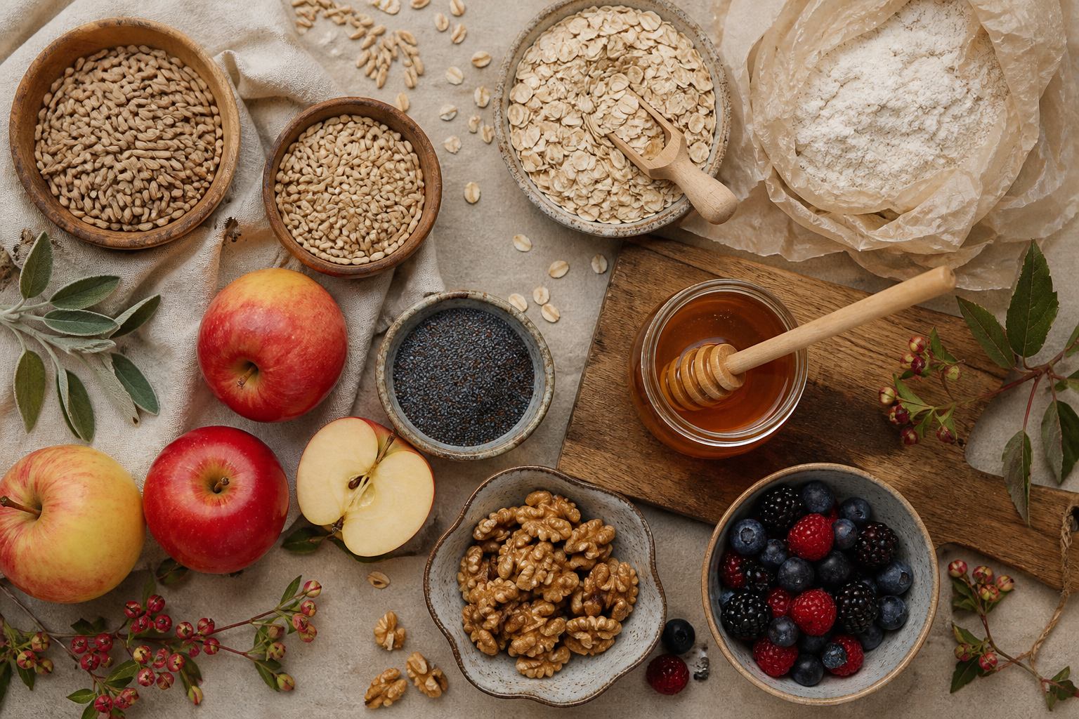 Roggen, Dinkel, Äpfel, Nüsse und Honig arrangiert