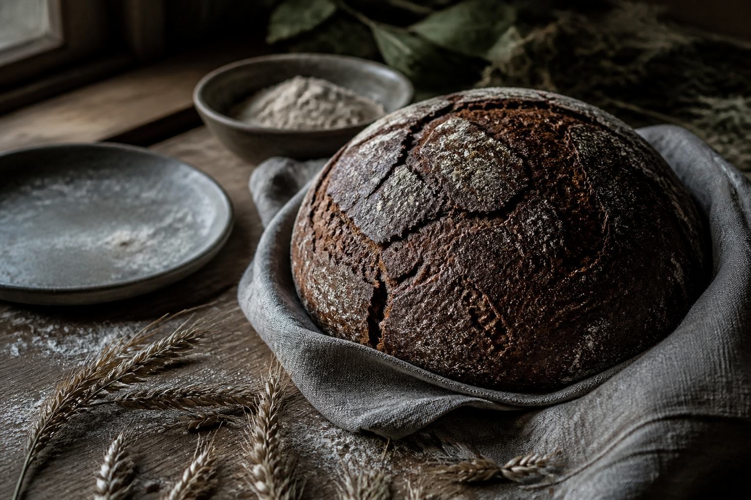 Frisches Roggenbrot auf Holztisch mit Leinen und Getreideähren