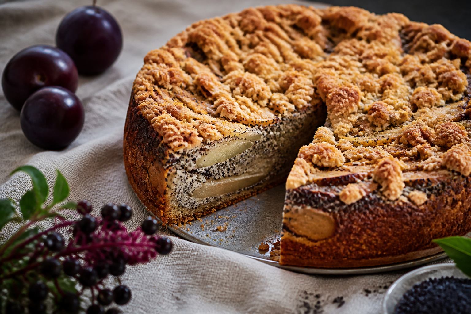 Apfelscheiben und Mohn auf Streuselkuchen