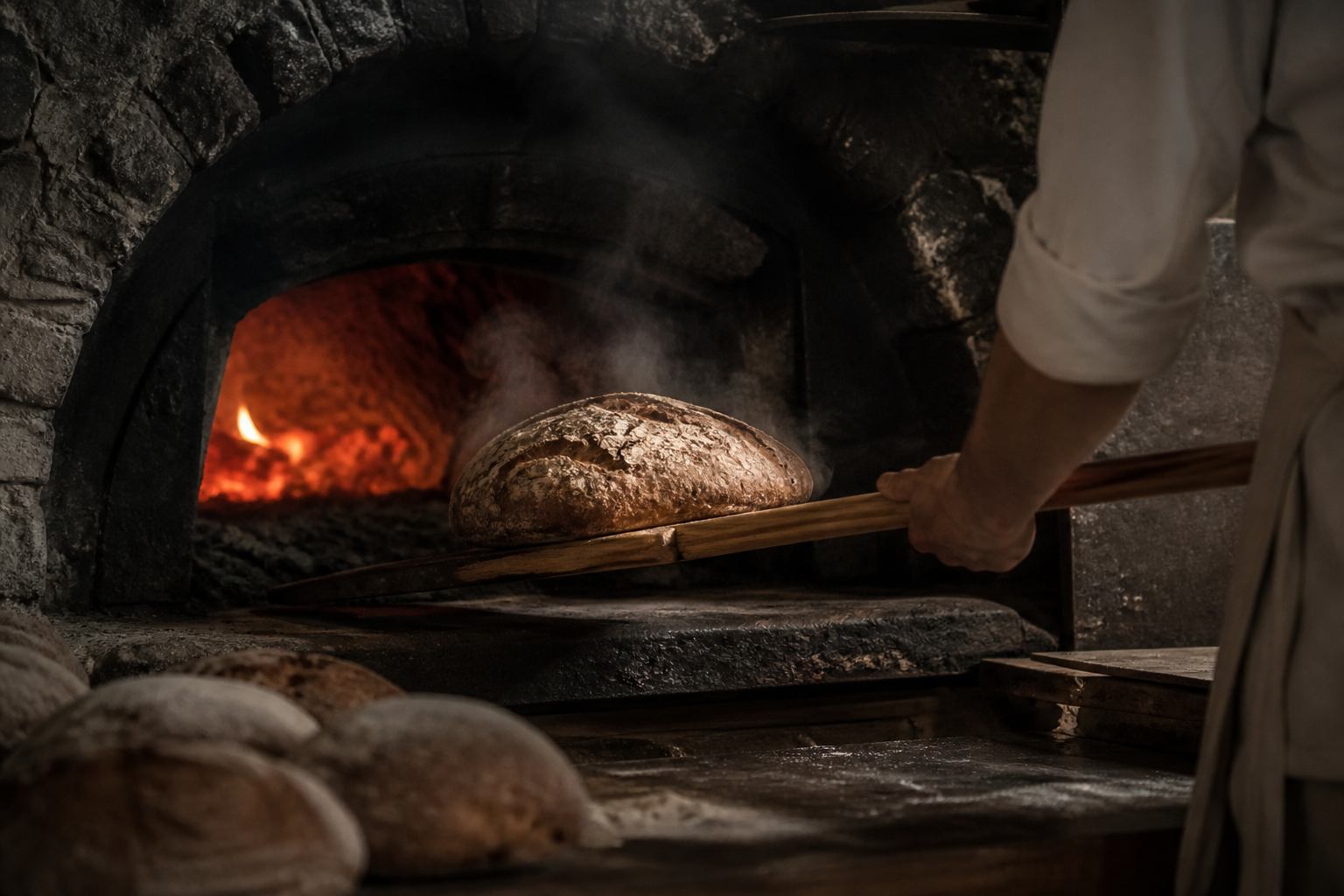 Bäcker hebt Brot aus dunklem Steinofen mit Dampf